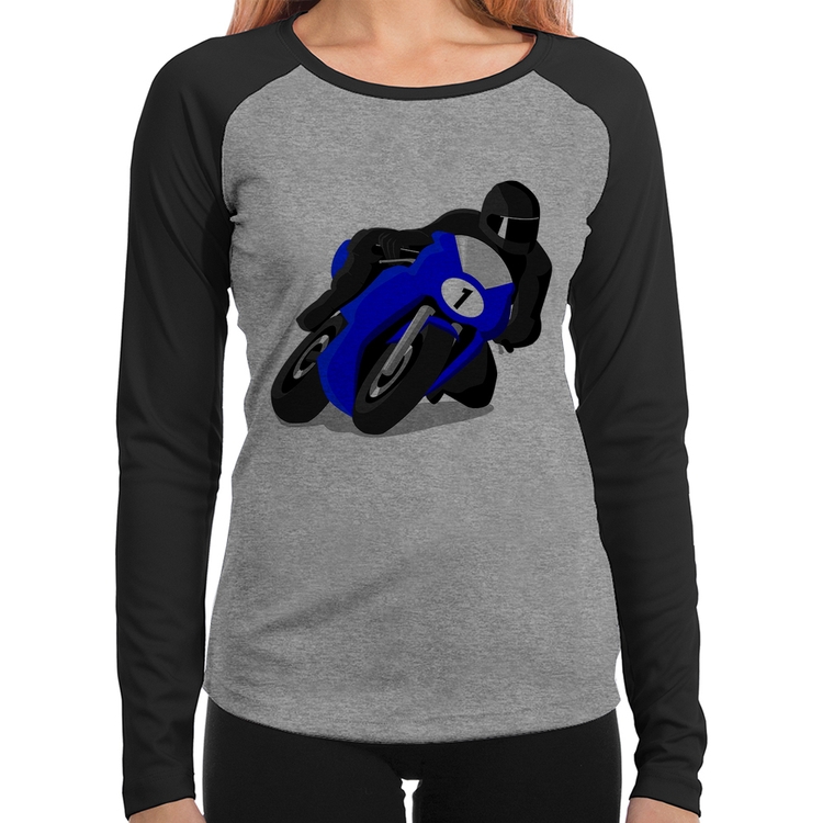 Baby Look Raglan Moto Corrida Manga Longa - Cinza/Preto