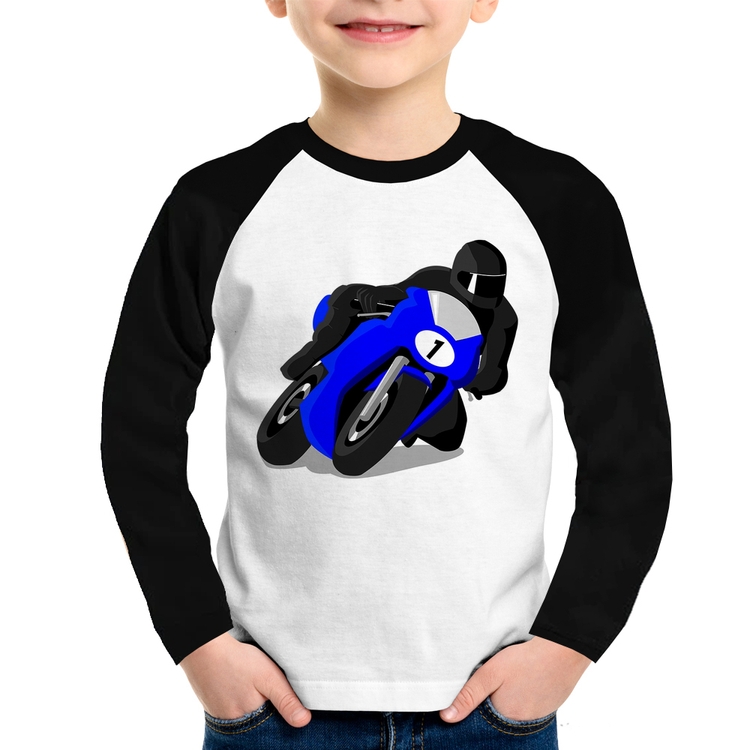 Camiseta Raglan Infantil Moto Corrida Manga Longa