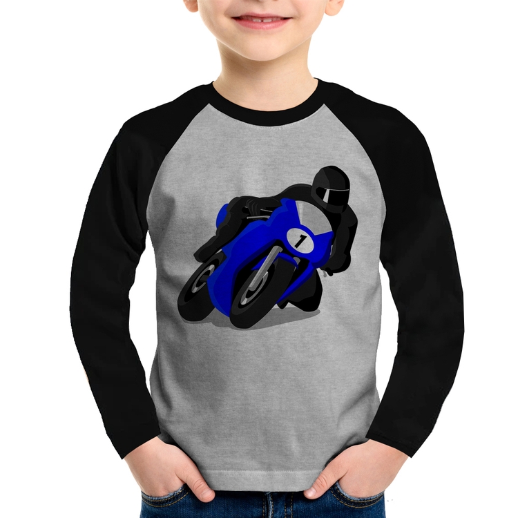 Camiseta Raglan Infantil Moto Corrida Manga Longa - Cinza/Preto