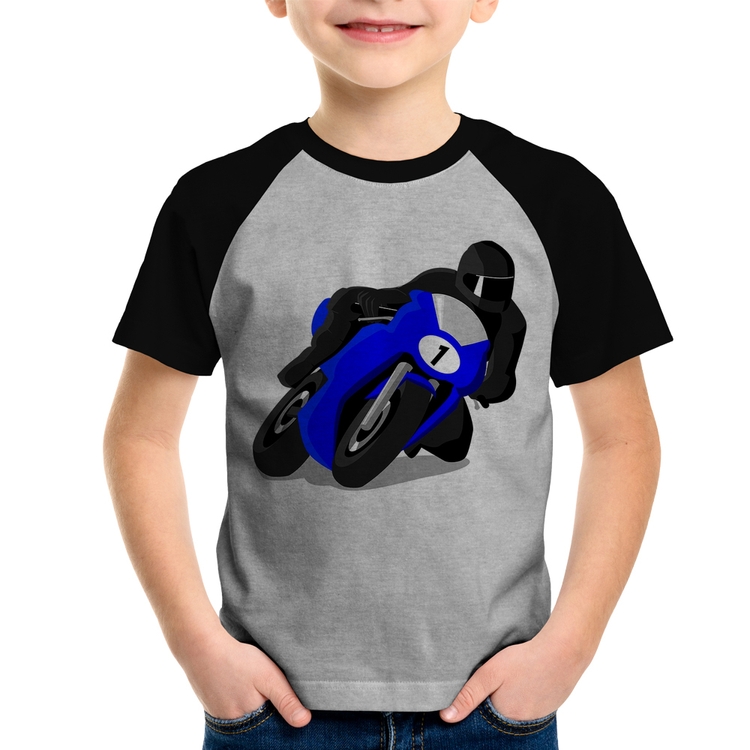 Camiseta Raglan Infantil Moto Corrida - Cinza/Preto
