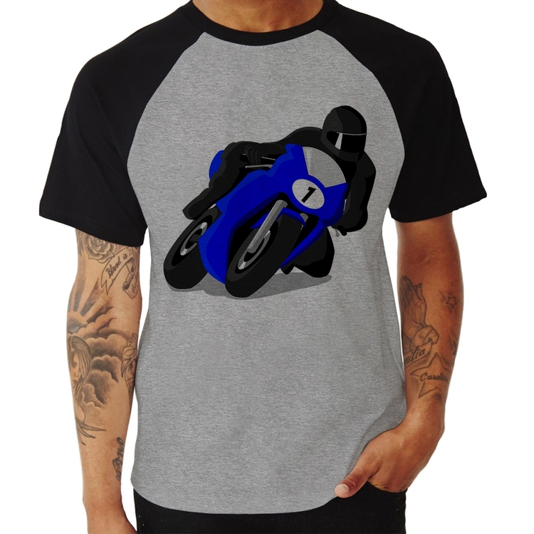 Camiseta Raglan Moto Corrida - Cinza/Preto
