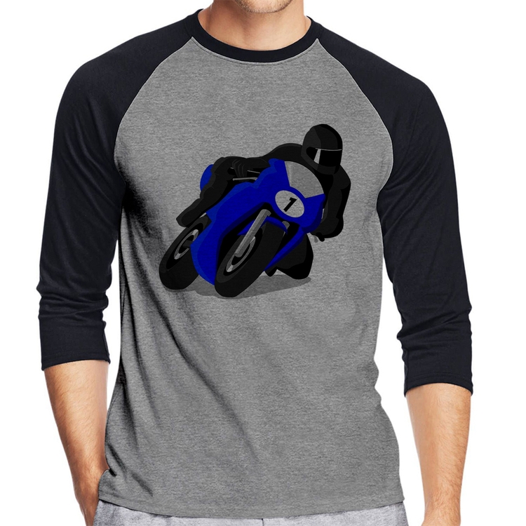 Camiseta Raglan Moto Corrida Manga 3/4 - Cinza/Preto