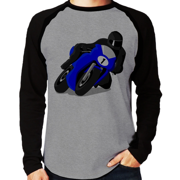 Camiseta Raglan Moto Corrida Manga Longa - Cinza/Preto