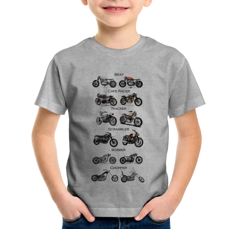 Camiseta Infantil Moto Custom Types - Cinza
