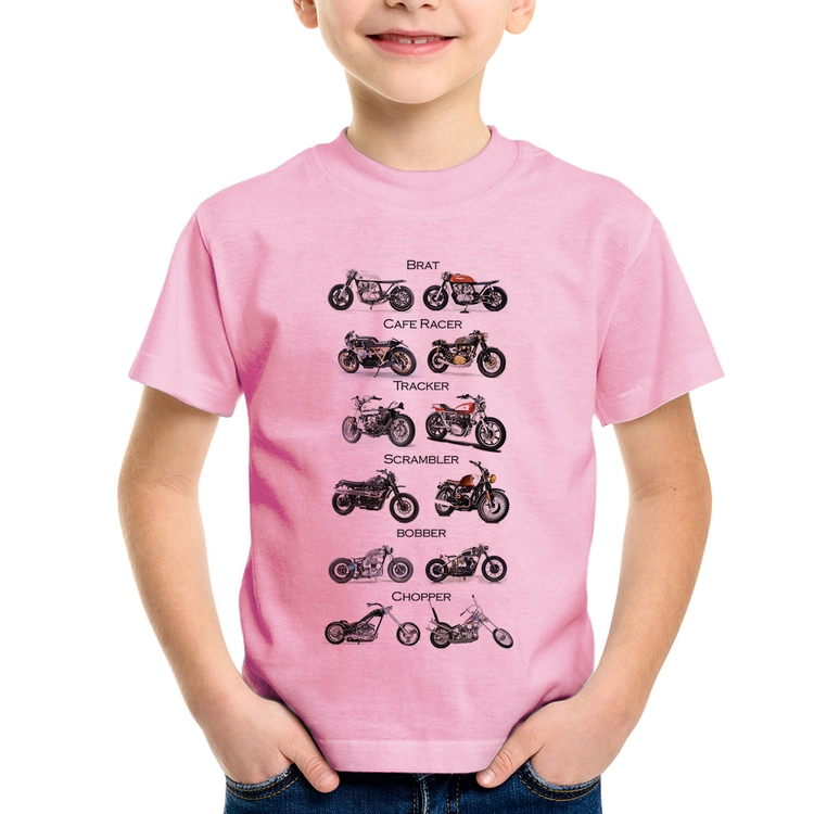 Camiseta Infantil Moto Custom Types - Rosa Bebê