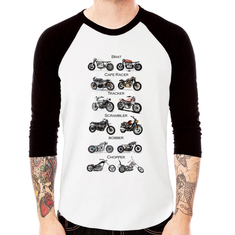 Camiseta Raglan Moto Custom Types Manga 3/4