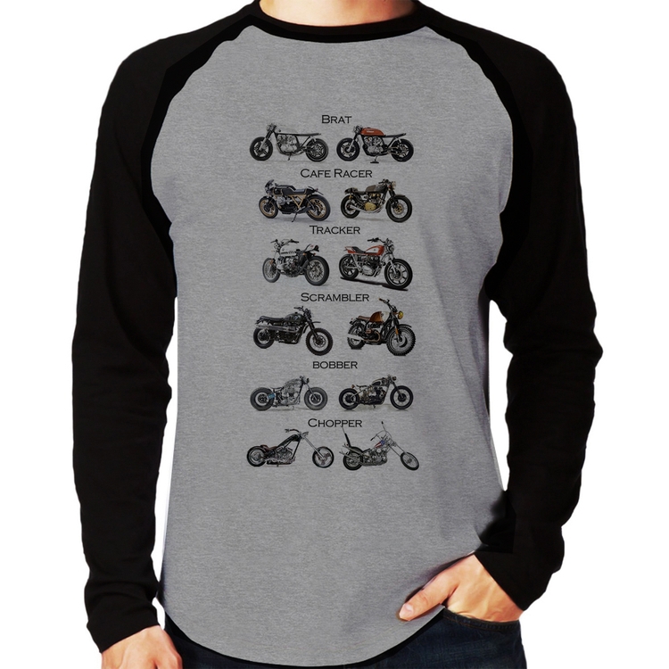 Camiseta Raglan Moto Custom Types Manga Longa - Cinza/Preto