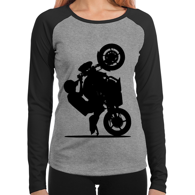 Baby Look Raglan Moto Grau XJ6 Manga Longa - Cinza/Preto