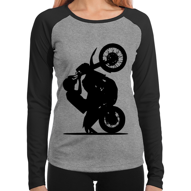 Baby Look Raglan Moto Grau XT 660 Manga Longa - Cinza/Preto