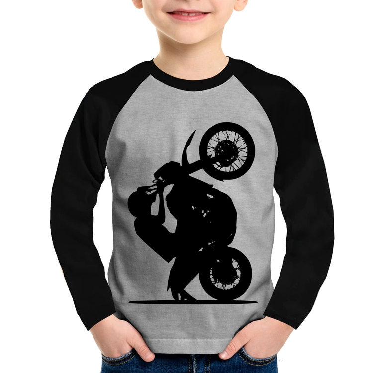 Camiseta Raglan Infantil Moto Grau XT 660 Manga Longa - Cinza/Preto