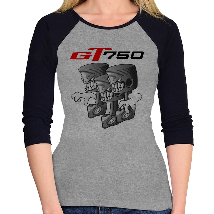 Baby Look Raglan Moto GT 750 Pistões Manga 3/4 - Cinza/Preto