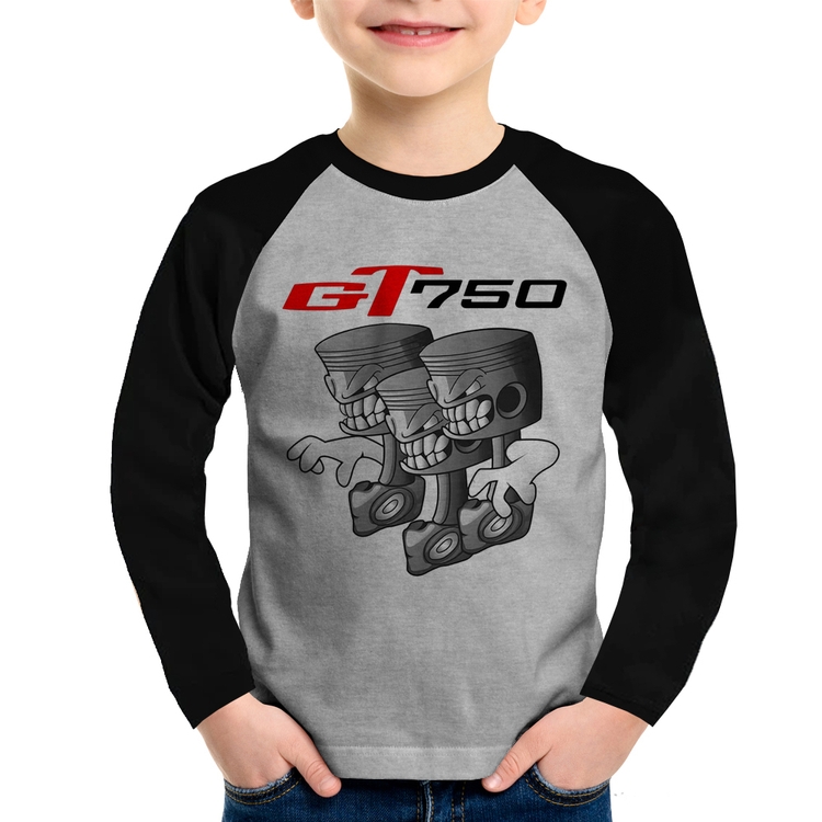 Camiseta Raglan Infantil Moto GT 750 Pistões Manga Longa - Cinza/Preto