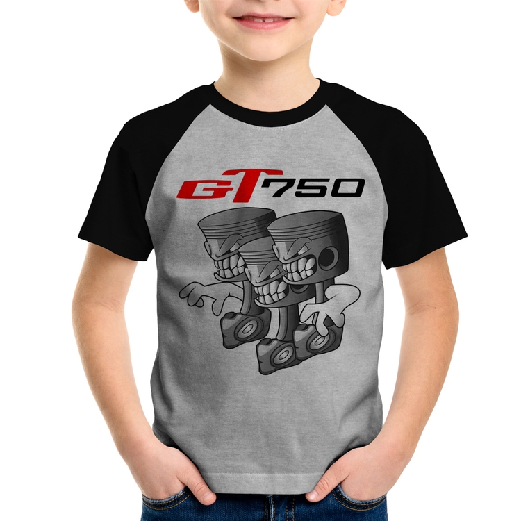 Camiseta Raglan Infantil Moto GT 750 Pistões - Cinza/Preto