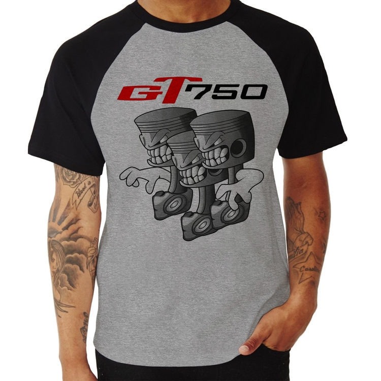 Camiseta Raglan Moto GT 750 Pistões - Cinza/Preto