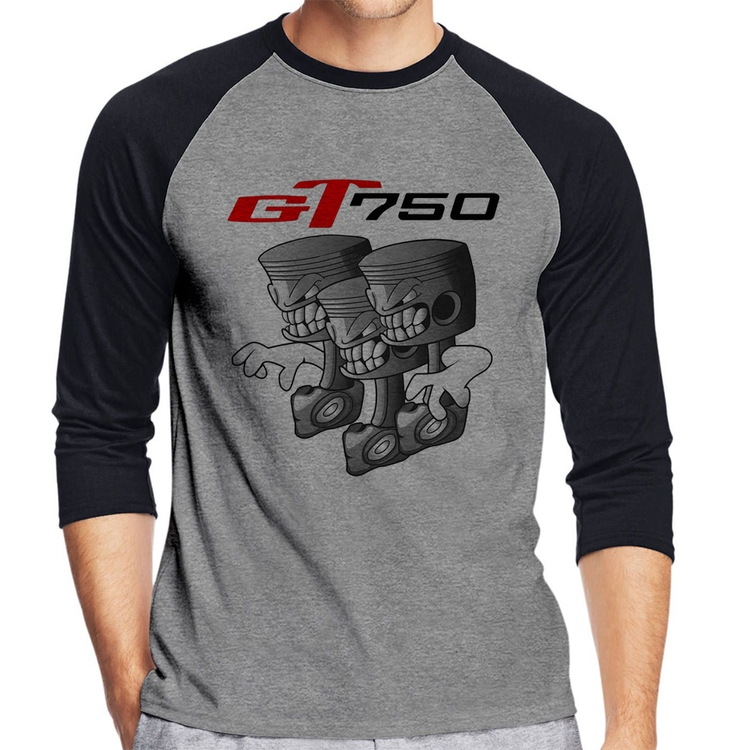 Camiseta Raglan Moto GT 750 Pistões Manga 3/4 - Cinza/Preto