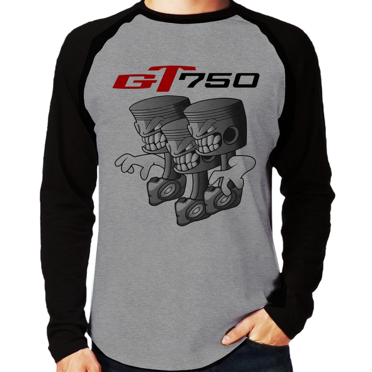 Camiseta Raglan Moto GT 750 Pistões Manga Longa - Cinza/Preto