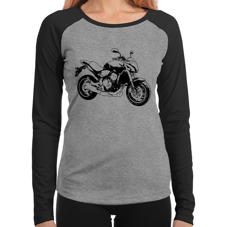 Baby Look Raglan Moto Hornet Art Manga Longa - Cinza/Preto