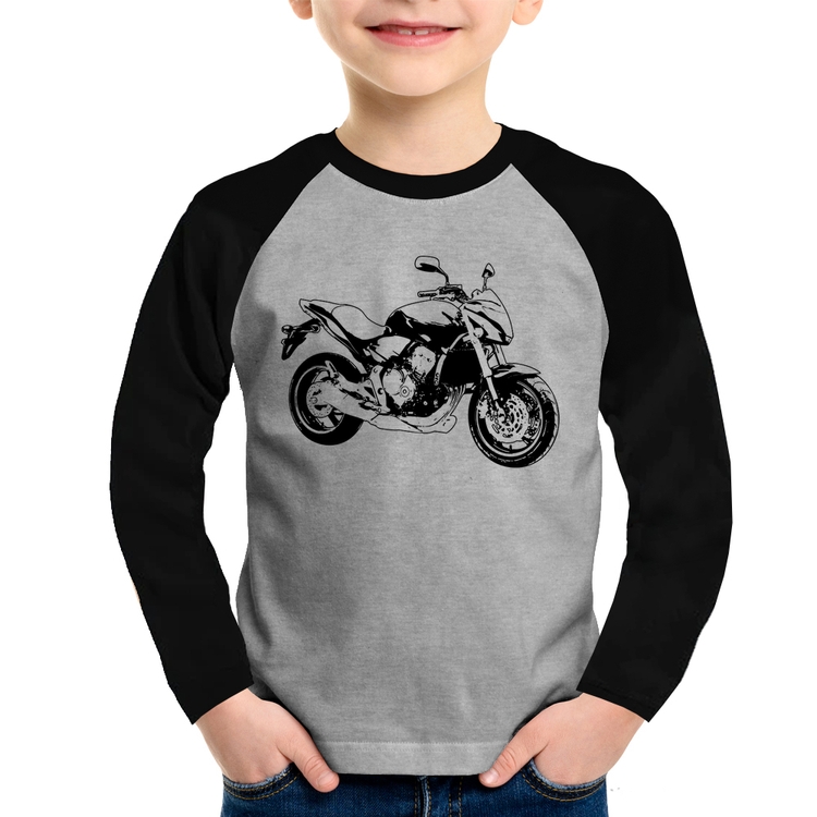 Camiseta Raglan Infantil Moto Hornet Art Manga Longa - Cinza/Preto