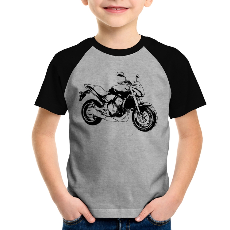 Camiseta Raglan Infantil Moto Hornet Art - Cinza/Preto