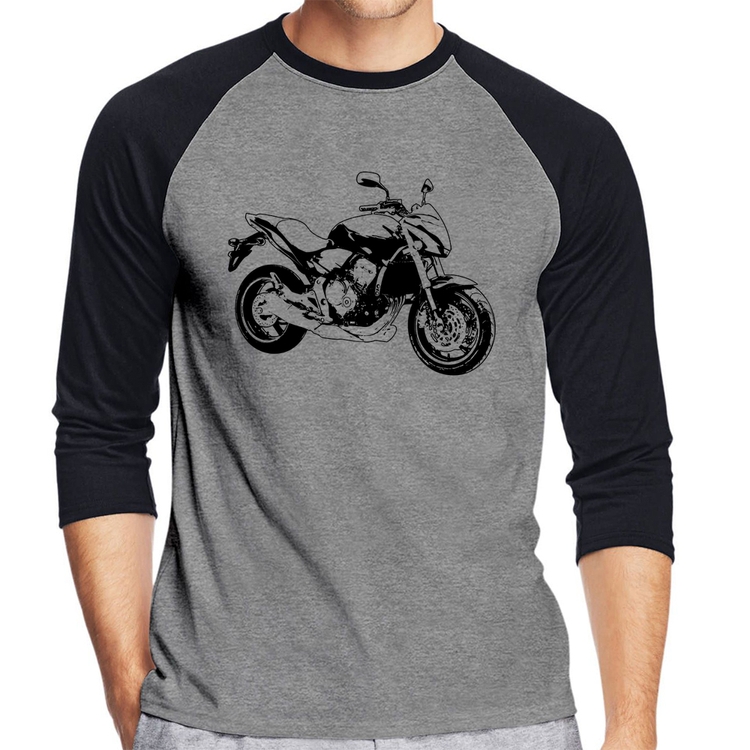 Camiseta Raglan Moto Hornet Art Manga 3/4 - Cinza/Preto