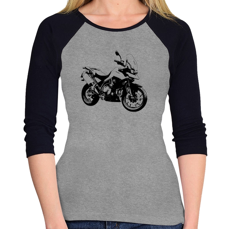 Baby Look Raglan Moto Tiger 900 GT Art Manga 3/4 - Cinza/Preto