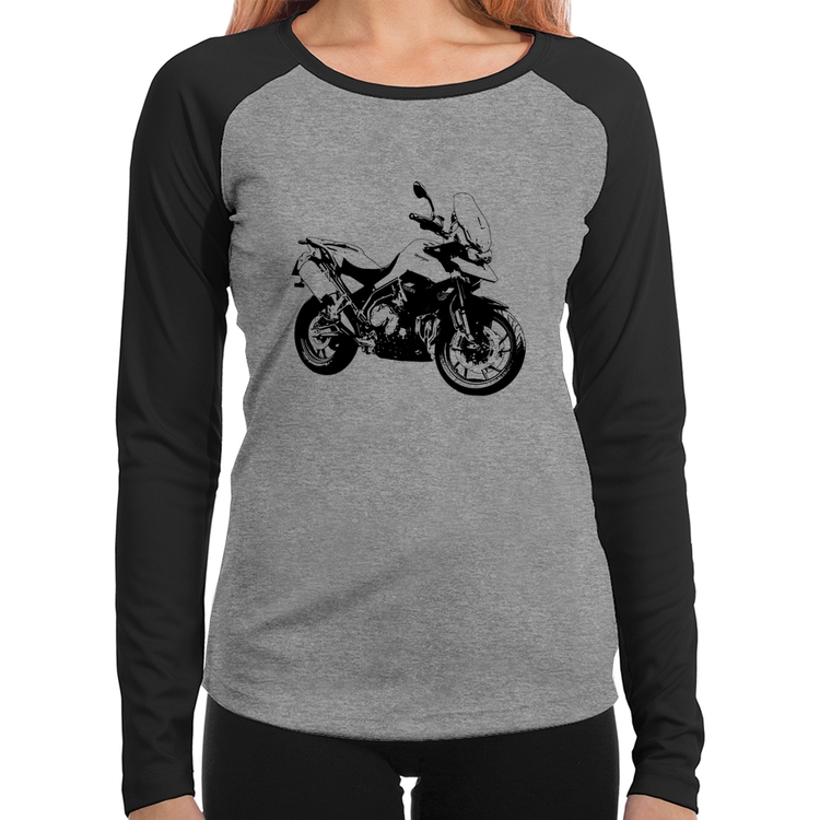Baby Look Raglan Moto Tiger 900 GT Art Manga Longa - Cinza/Preto