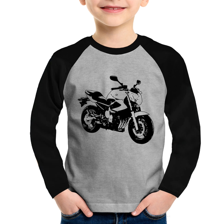 Camiseta Raglan Infantil Moto XJ6 N Art Manga Longa - Cinza/Preto
