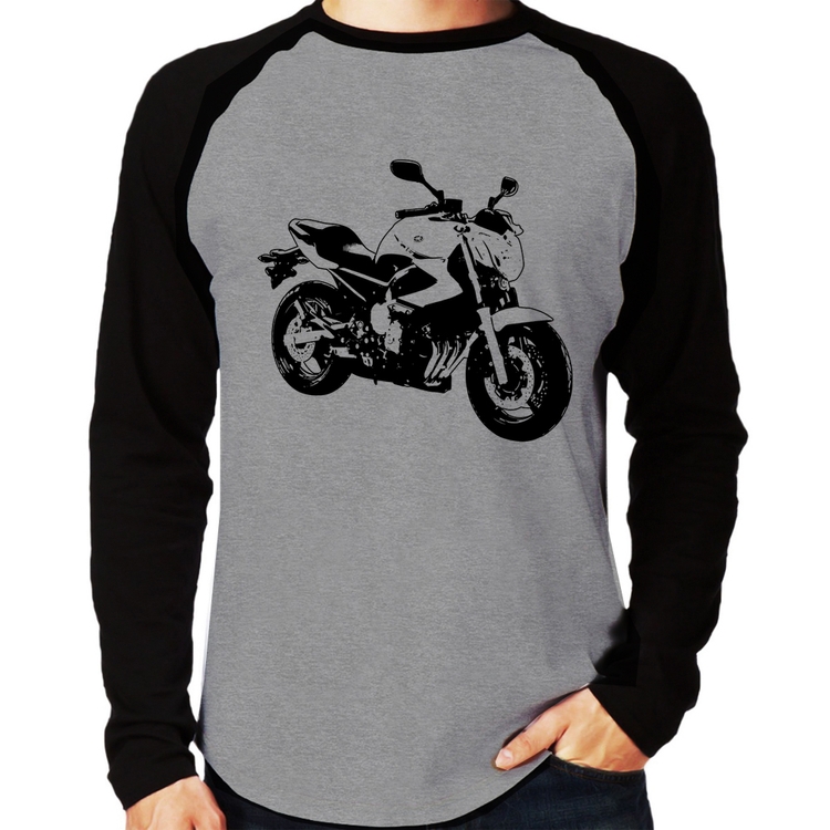 Camiseta Raglan Moto XJ6 N Art Manga Longa - Cinza/Preto