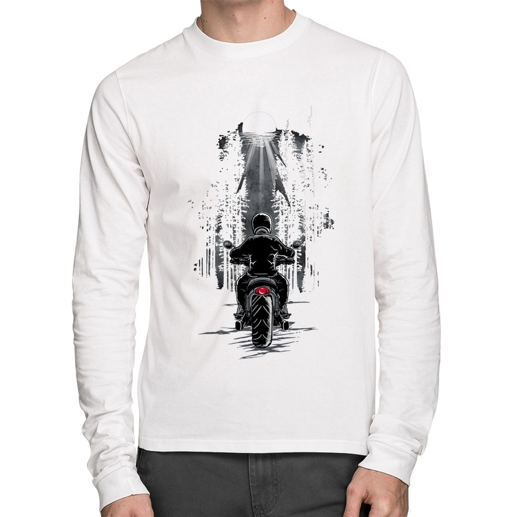 Camiseta Algodão Motociclista na floresta Manga Longa - Branca