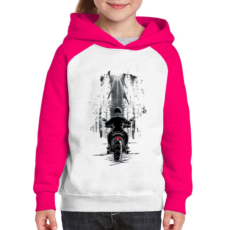 Moletom Infantil Motociclista na floresta - Branco/Rosa