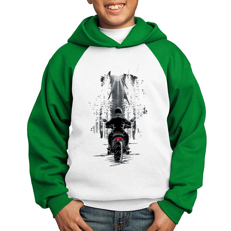 Moletom Infantil Motociclista na floresta - Branco/Verde