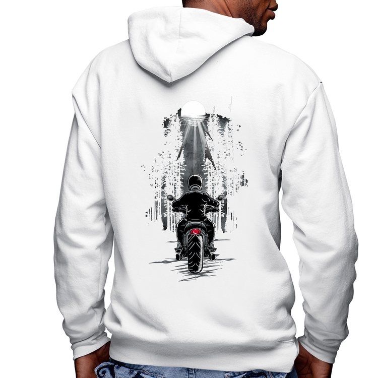Blusa Moletom Motociclista na floresta Masculina com Capuz e Zíper - Branca