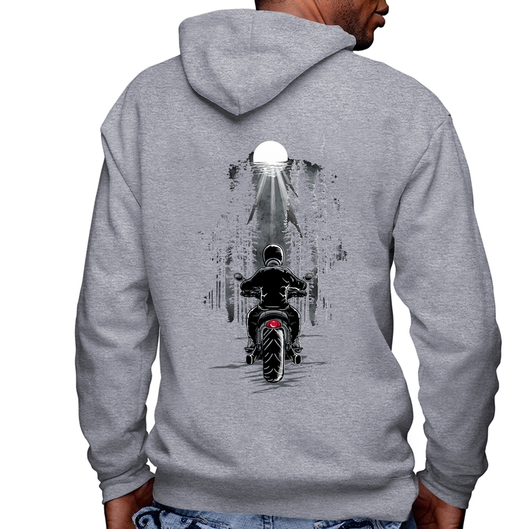 Blusa Moletom Motociclista na floresta Masculina com Capuz e Zíper - Mescla