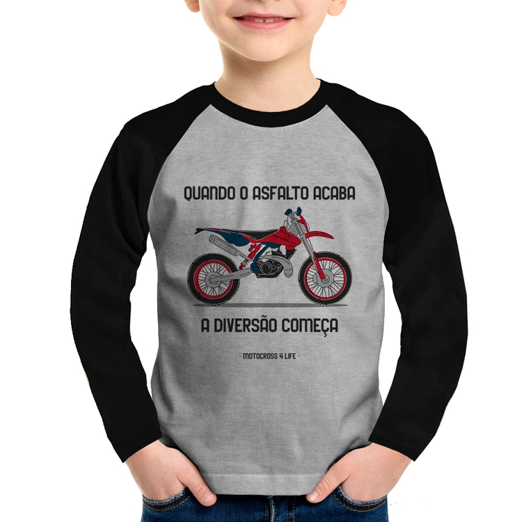 Camiseta Raglan Infantil Motocross 4 Life Manga Longa - Cinza/Preto