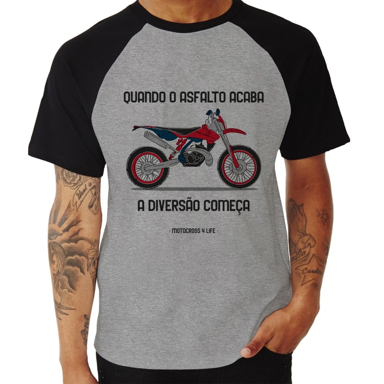 Camiseta Raglan Motocross 4 Life - Cinza/Preto