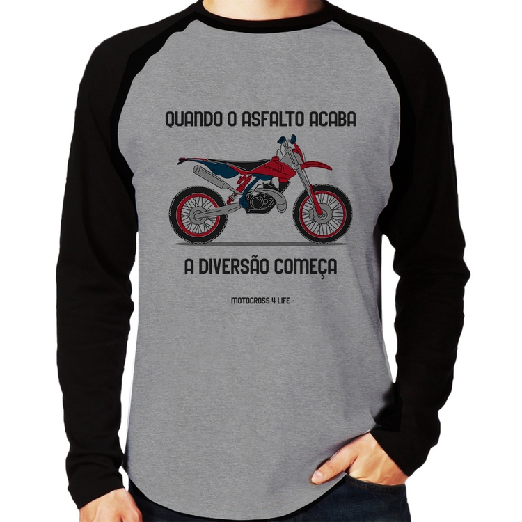 Camiseta Raglan Motocross 4 Life Manga Longa - Cinza/Preto