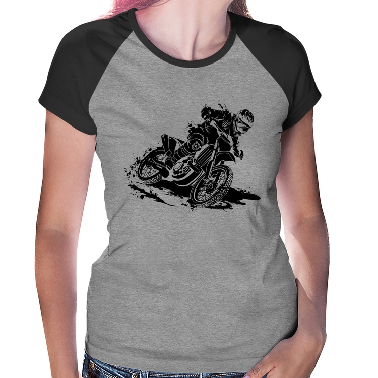 Baby Look Raglan Motocross - Cinza/Preto
