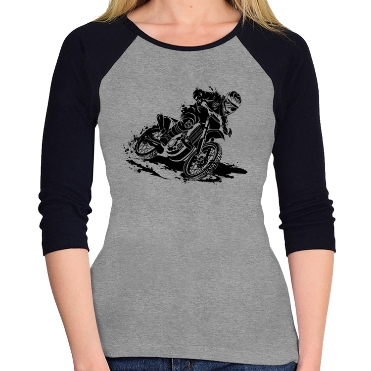 Baby Look Raglan Motocross Manga 3/4 - Cinza/Preto