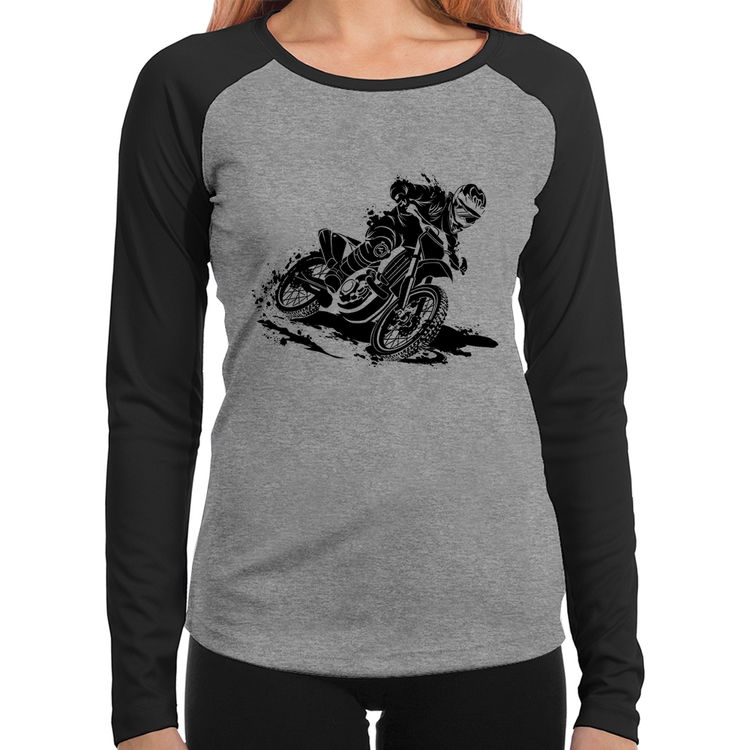 Baby Look Raglan Motocross Manga Longa - Cinza/Preto