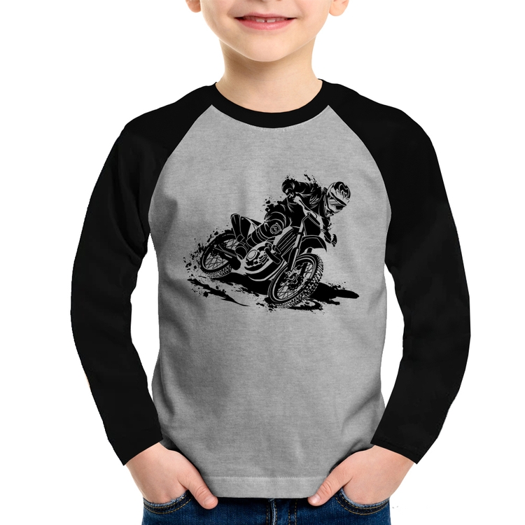Camiseta Raglan Infantil Motocross Manga Longa - Cinza/Preto