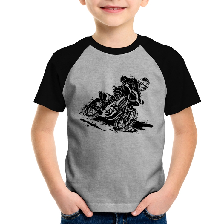 Camiseta Raglan Infantil Motocross - Cinza/Preto