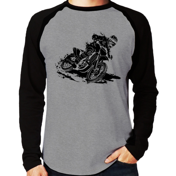 Camiseta Raglan Motocross Manga Longa - Cinza/Preto
