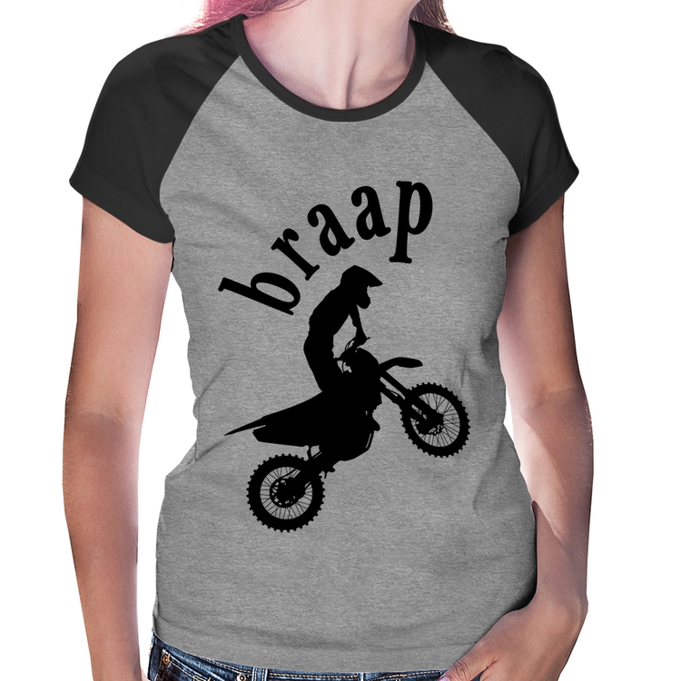 Baby Look Raglan Motocross Braap - Cinza/Preto