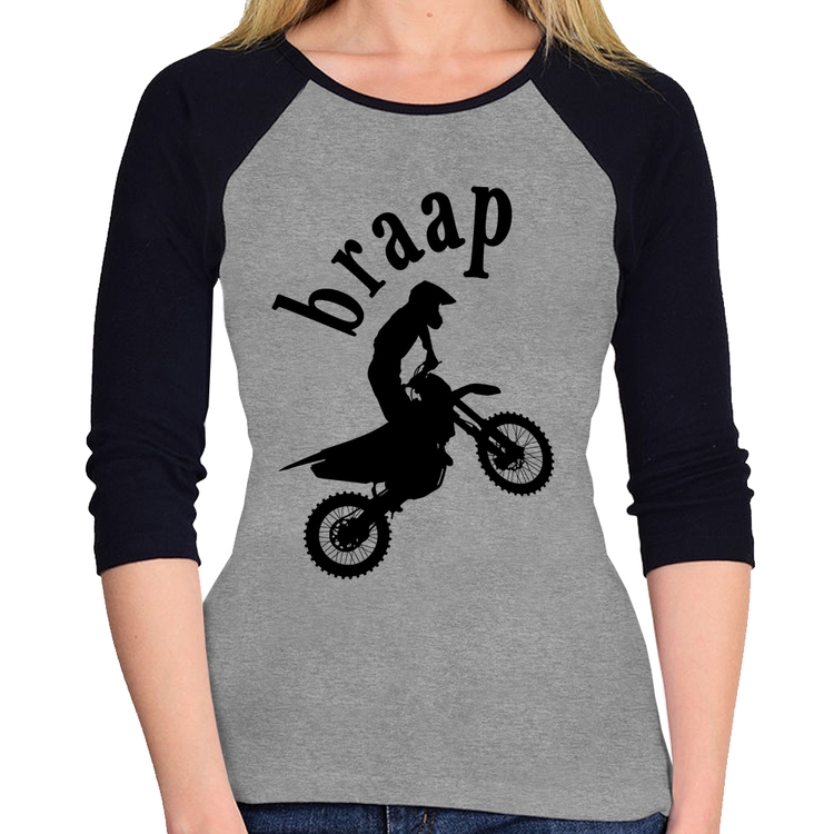 Baby Look Raglan Motocross Braap Manga 3/4 - Cinza/Preto