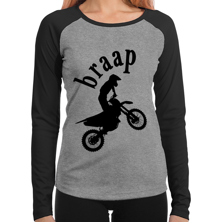 Baby Look Raglan Motocross Braap Manga Longa - Cinza/Preto