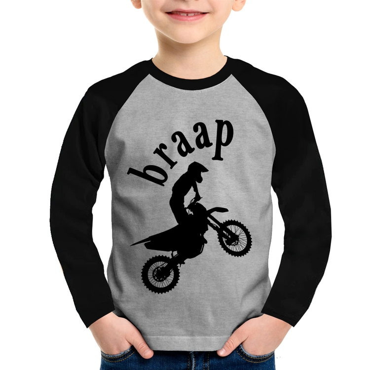 Camiseta Raglan Infantil Motocross Braap Manga Longa - Cinza/Preto