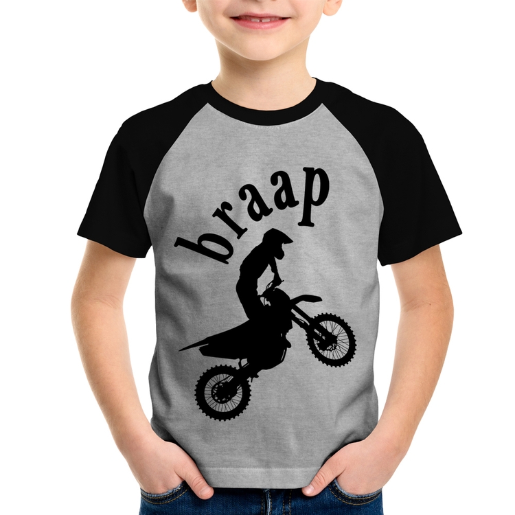 Camiseta Raglan Infantil Motocross Braap - Cinza/Preto
