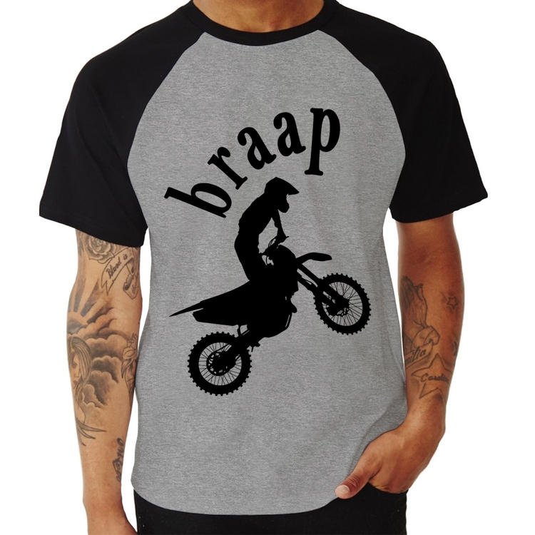 Camiseta Raglan Motocross Braap - Cinza/Preto