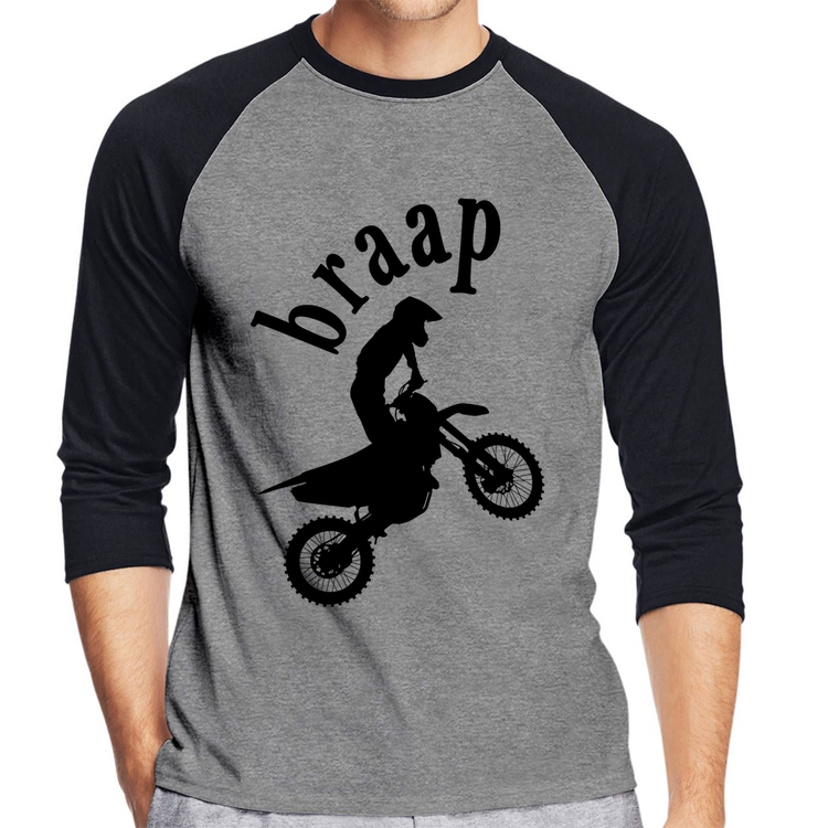 Camiseta Raglan Motocross Braap Manga 3/4 - Cinza/Preto