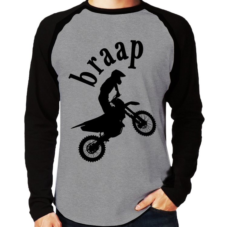 Camiseta Raglan Motocross Braap Manga Longa - Cinza/Preto